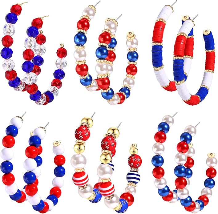 Red, White, Blue Beaded Hoops