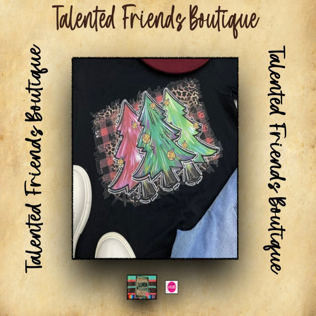 Three Trees with Leopard & Buffalo Plaid Tee - Black