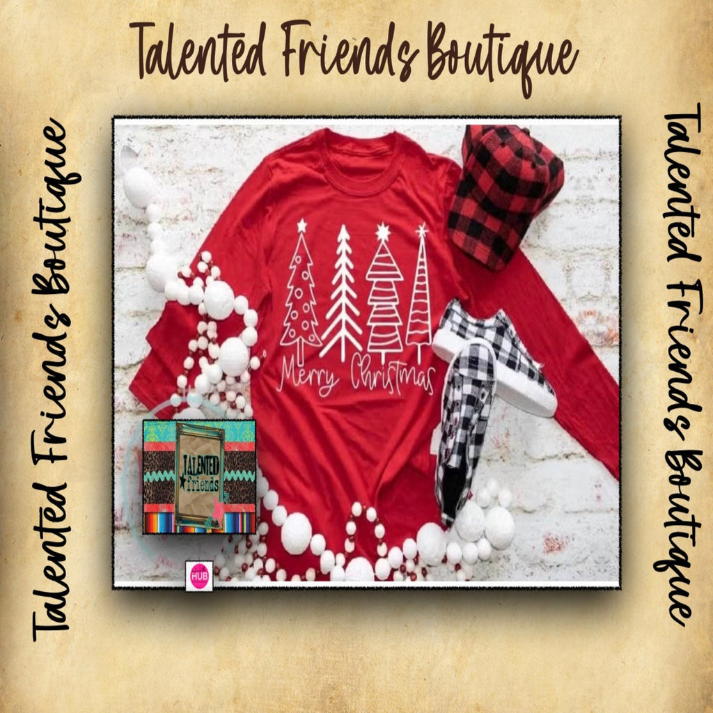 Heather Red Tee with White Whimsical Christmas Trees Imprint