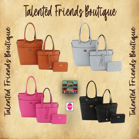 3 In 1 Faux Quilted Accent Leather Tote, Shoulder Bag, and Wallet Set