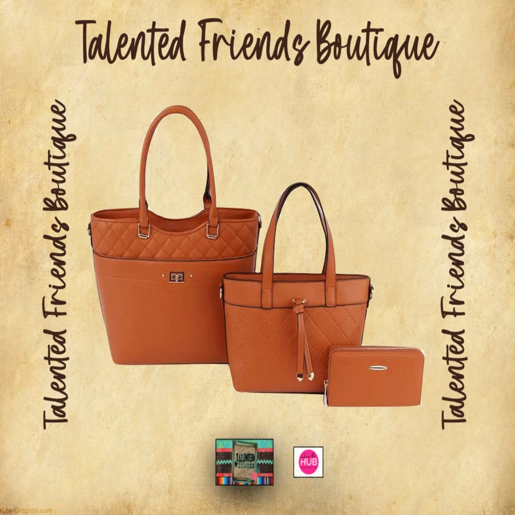 3 In 1 Faux Quilted Accent Leather Tote, Shoulder Bag, and Wallet Set
