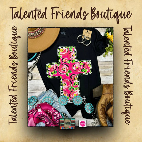 Callie Ann's Pink Floral Cross Tee - Black V-neck