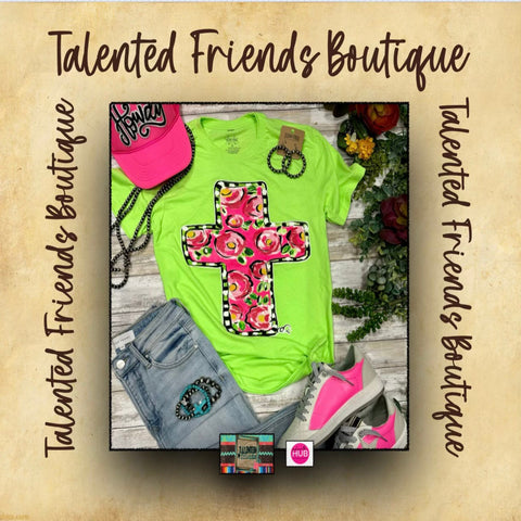 Callie Ann's Pink Floral Cross Tee - Neon Green