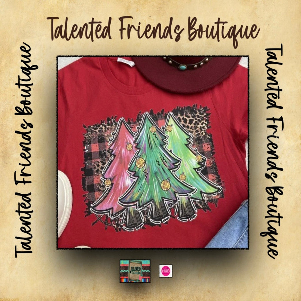 Three Trees with Leopard & Buffalo Plaid Tee - Red