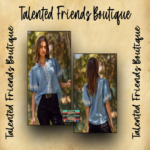 Miss Embroidered Bubble Sleeve Blouse - Azure