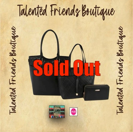 3 In 1 Faux Quilted Accent Leather Tote, Shoulder Bag, and Wallet Set