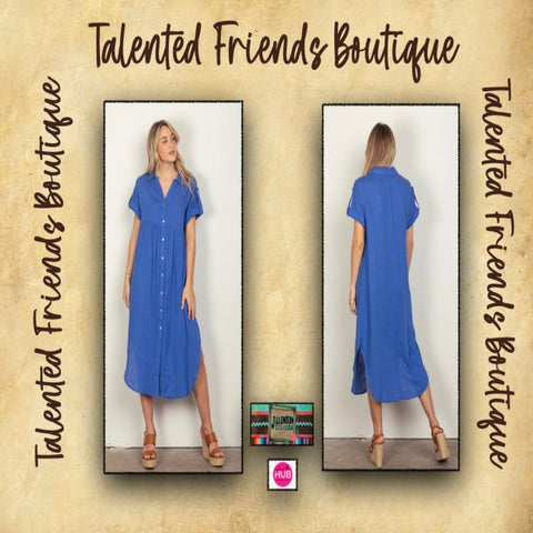Pre- Order arriving  May 30th - Miss Lively Spirit Button Up Dress - Royal Blue