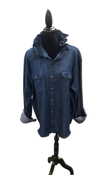 Blue denim shirt on a mannequin in a store setting