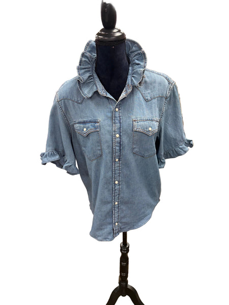 TF Refashioned Designs - Ruffle Collar Shirt - Denim Pearl Snap