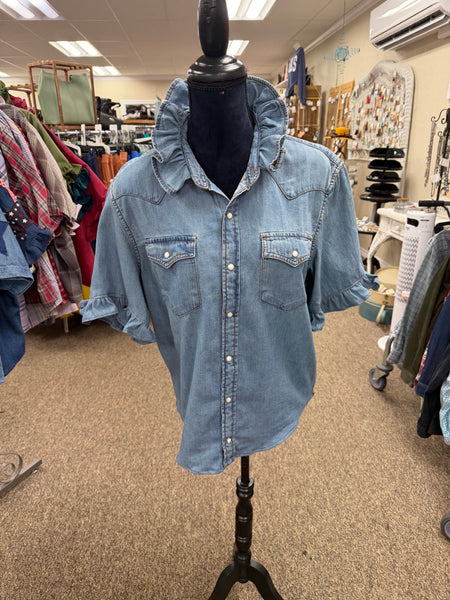 TF Refashioned Designs - Ruffle Collar Shirt - Denim Pearl Snap