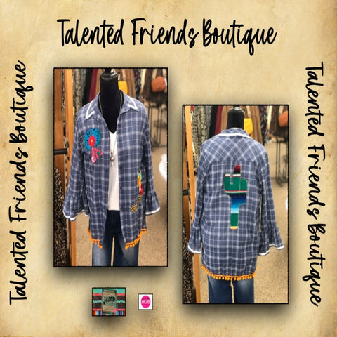 Miss Dark Blue Plaid Chambray Appliquéd Top