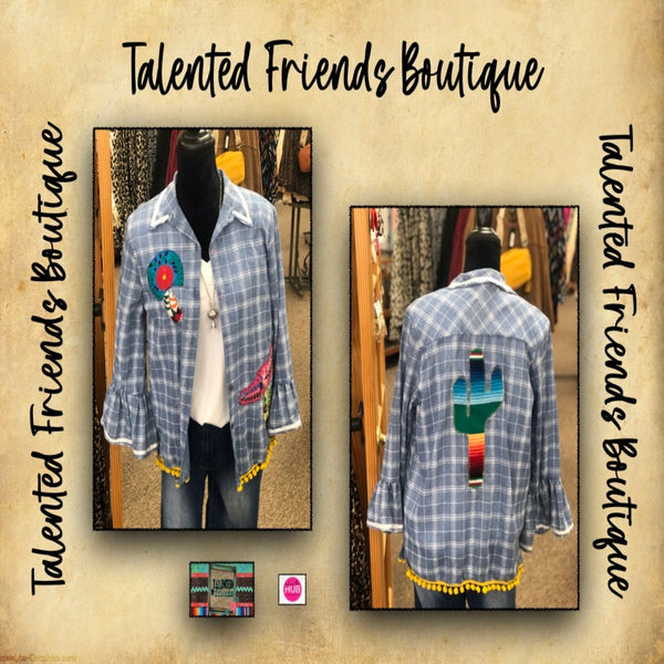 Miss Light Blue Plaid Chambray Appliqued Serape Cactus