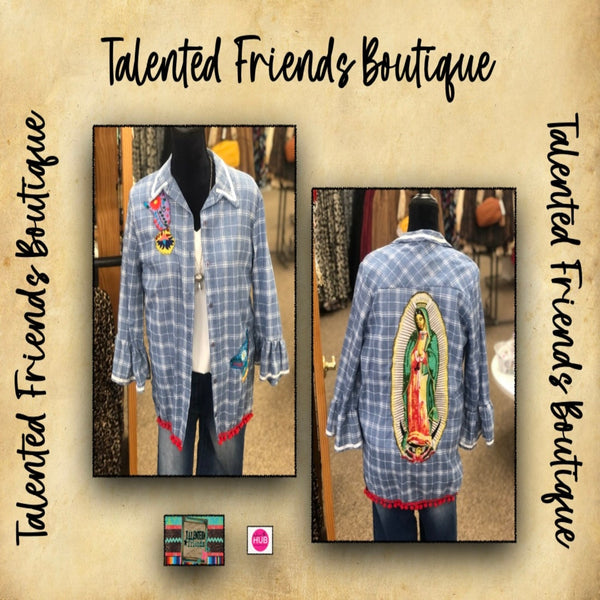Miss Light Blue Plaid Chambray Appliqued Serape Cactus