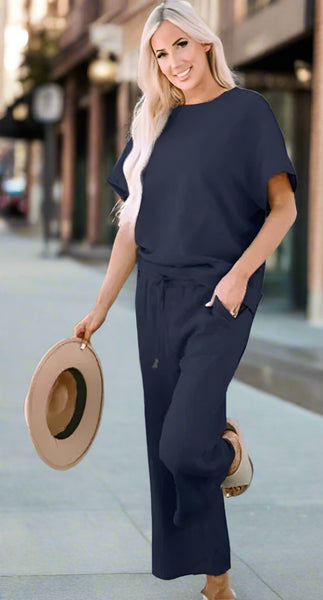 Miss Make Your Day Textured Pant Set - Navy