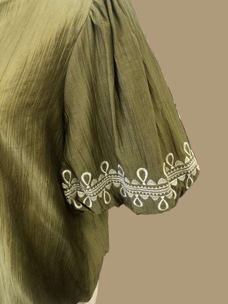 Miss Embroidered Bubble Sleeve- Olive
