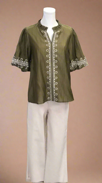 Miss Embroidered Bubble Sleeve- Olive