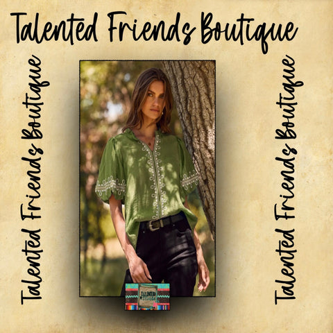 Miss Embroidered Bubble Sleeve- Olive