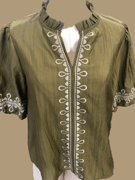 Miss Embroidered Bubble Sleeve- Olive