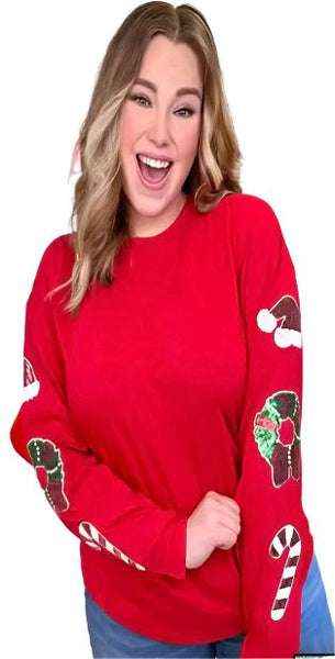 Refashioned Christmas Sparkle Long Sleeve Sweatshirt - Red