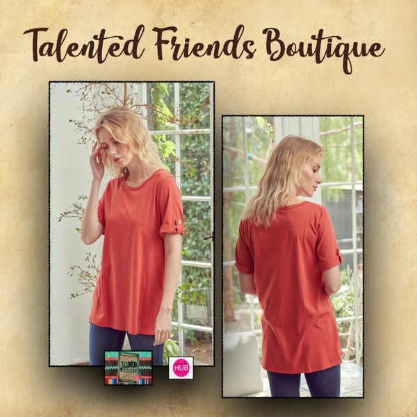 Round Neck with Tab Button Sleeve Top