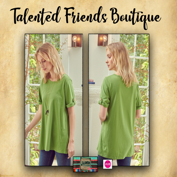Round Neck with Tab Button Sleeve Top