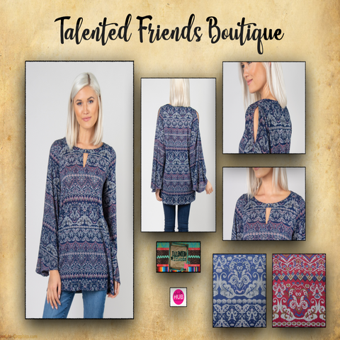 Miss Bell Sleeve Filigree Print Top