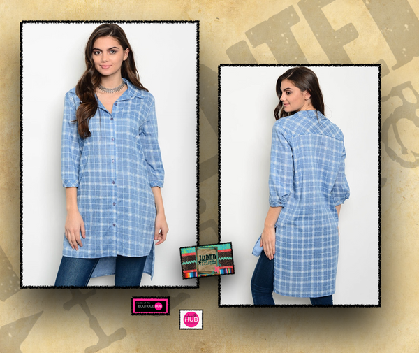 Miss Light Blue Plaid Chambray Appliqued Serape Cactus