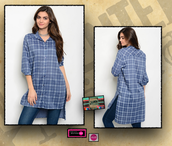Miss Dark Blue Plaid Chambray Appliquéd Top